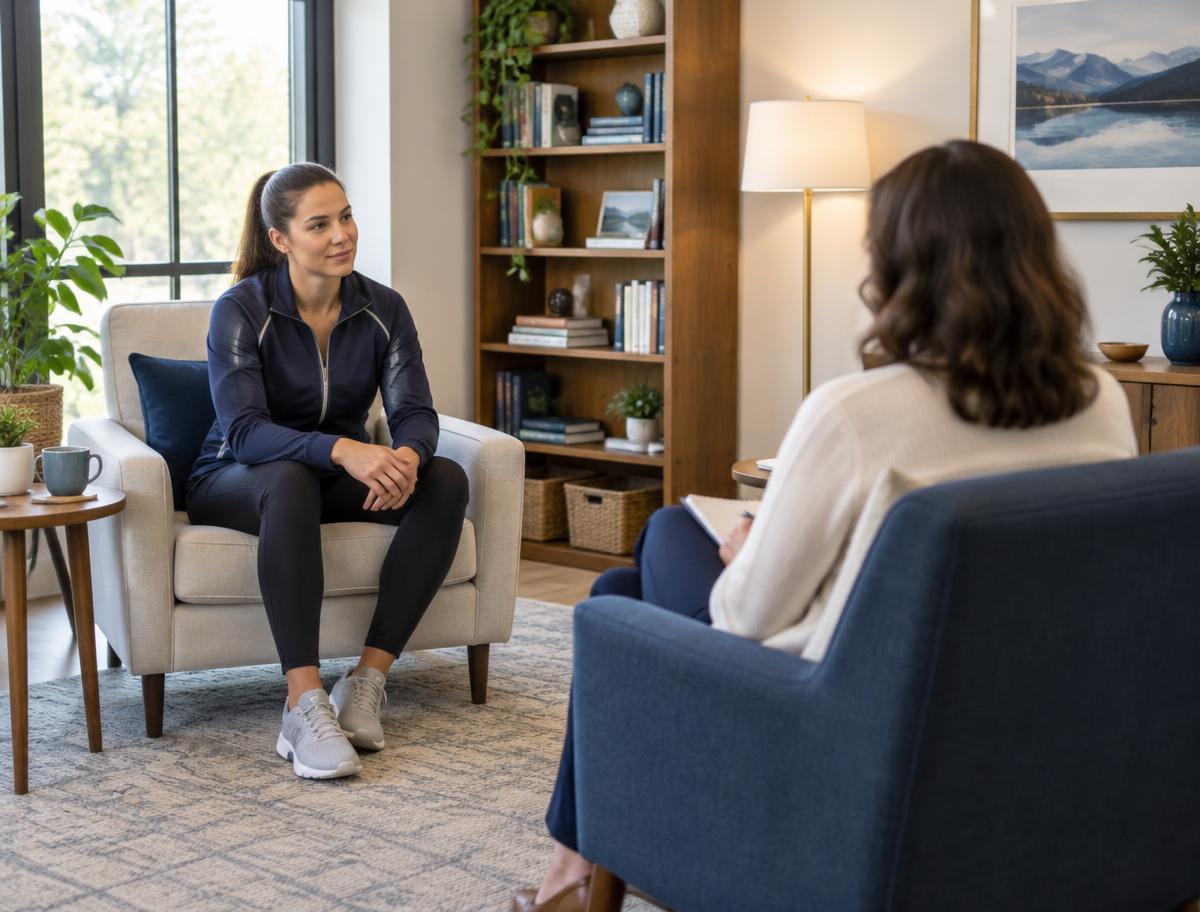 Illustrative photo of an athlete talking with a therapist in a welcoming office